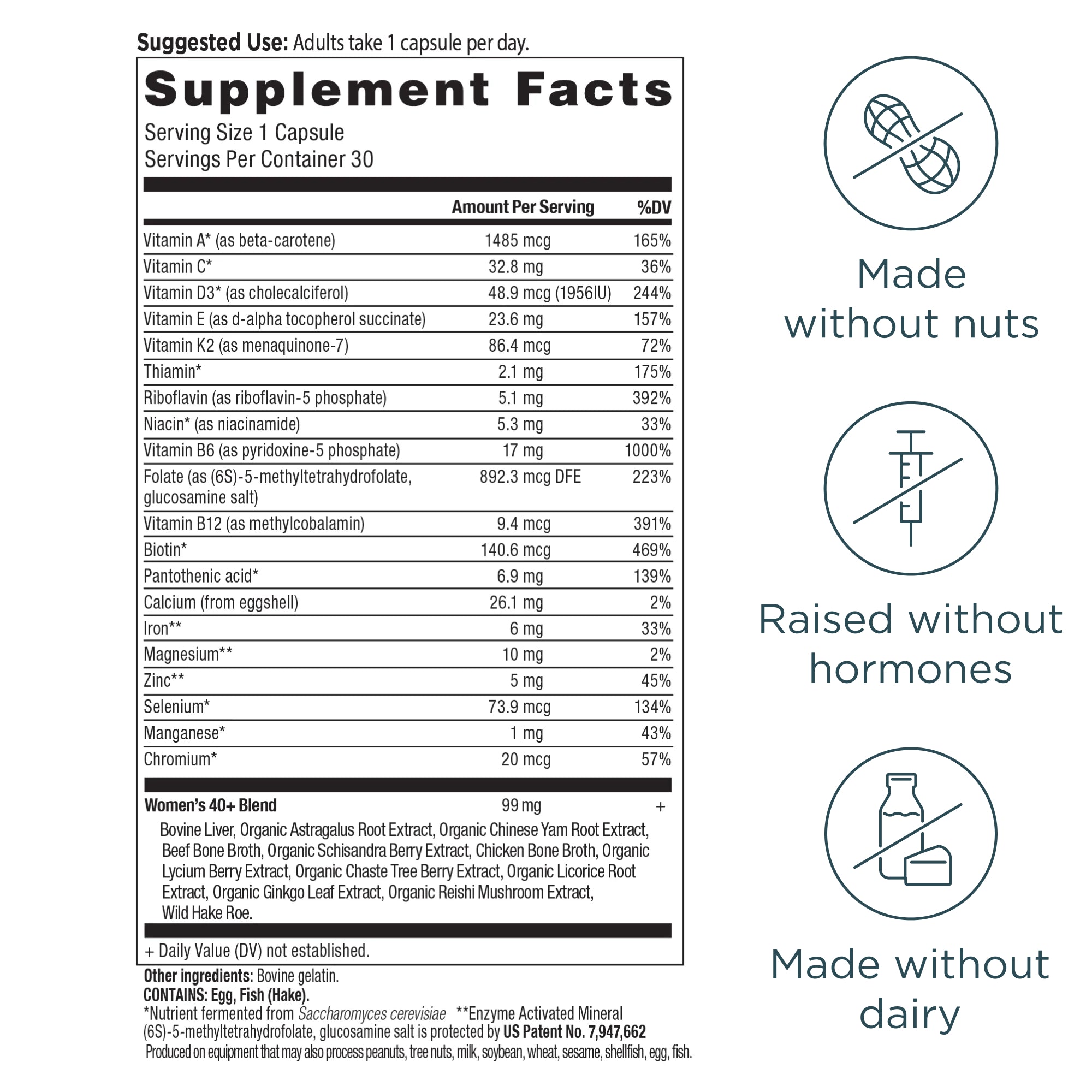 Supplement label with nutritional information and certification icons on a white background