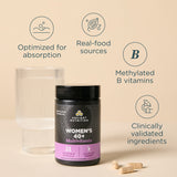 Multivitamin bottle with key features highlighted on a beige background