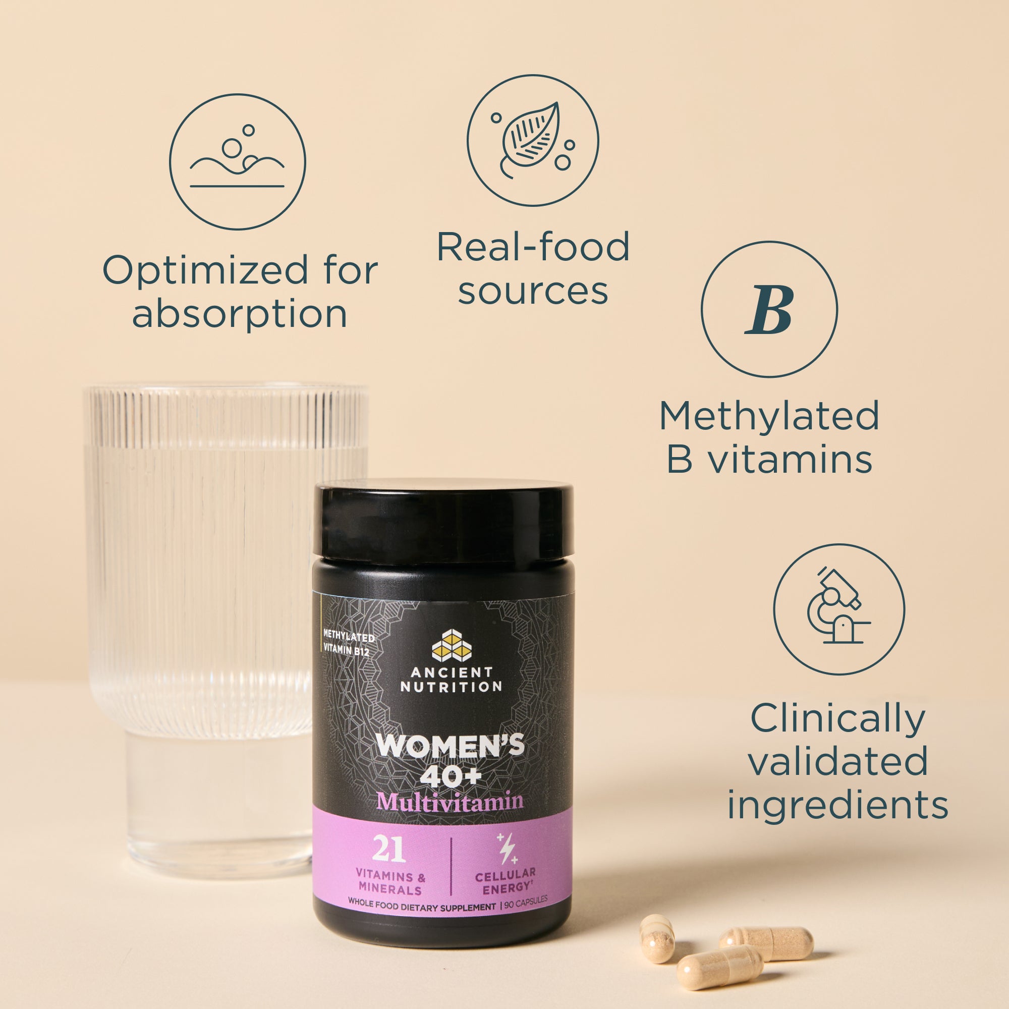 Multivitamin bottle with key features highlighted on a beige background