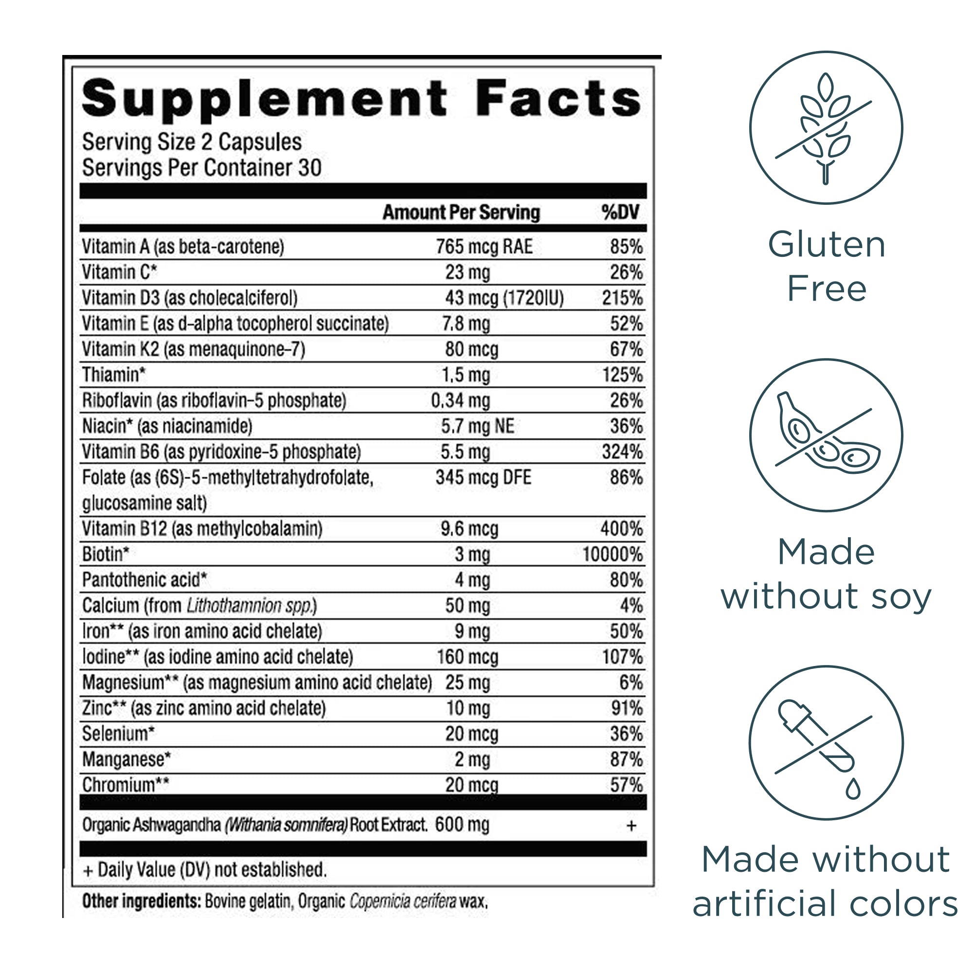Supplement facts label with various vitamins and minerals listed on a white background.