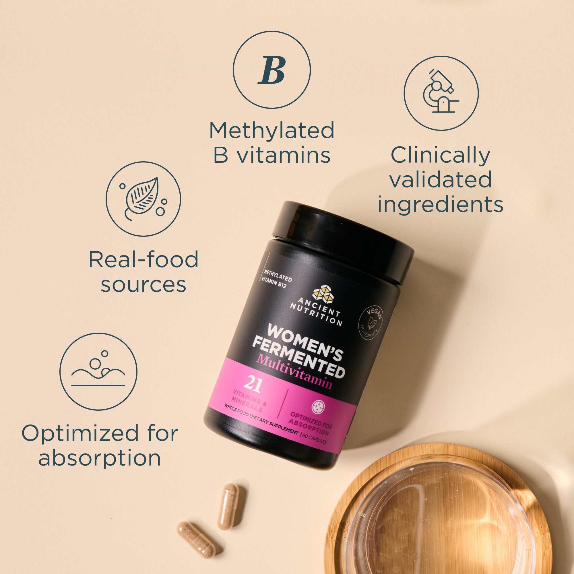 Ancient Nutrition Women's Fermented Multivitamin bottle with text highlighting features on a beige background