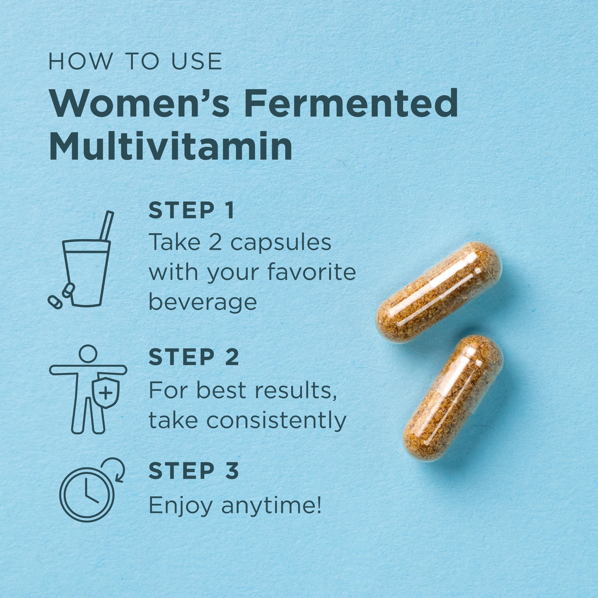 Instructions on how to use women's fermented multivitamin with capsules on a blue background