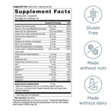 Supplement label with detailed nutritional information and allergen icons on a white background