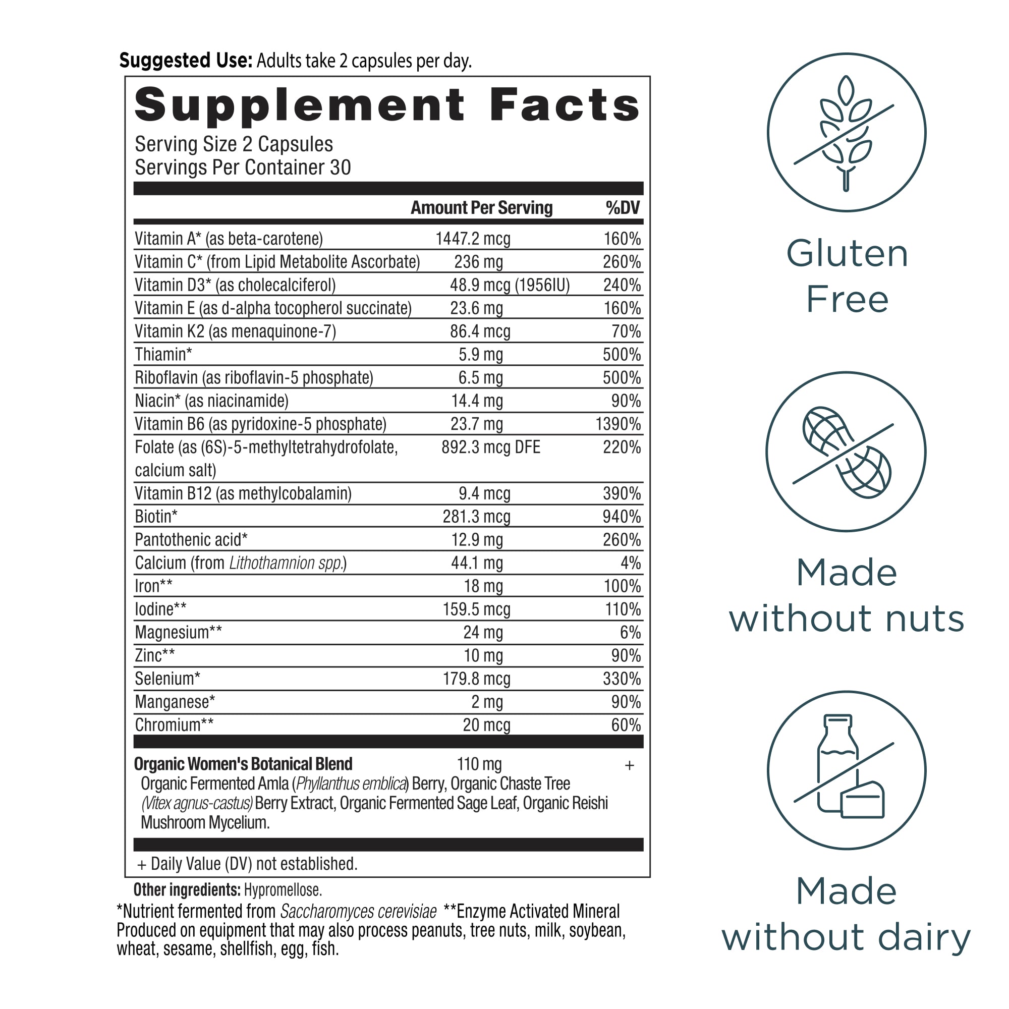 Supplement label with detailed nutritional information and allergen icons on a white background