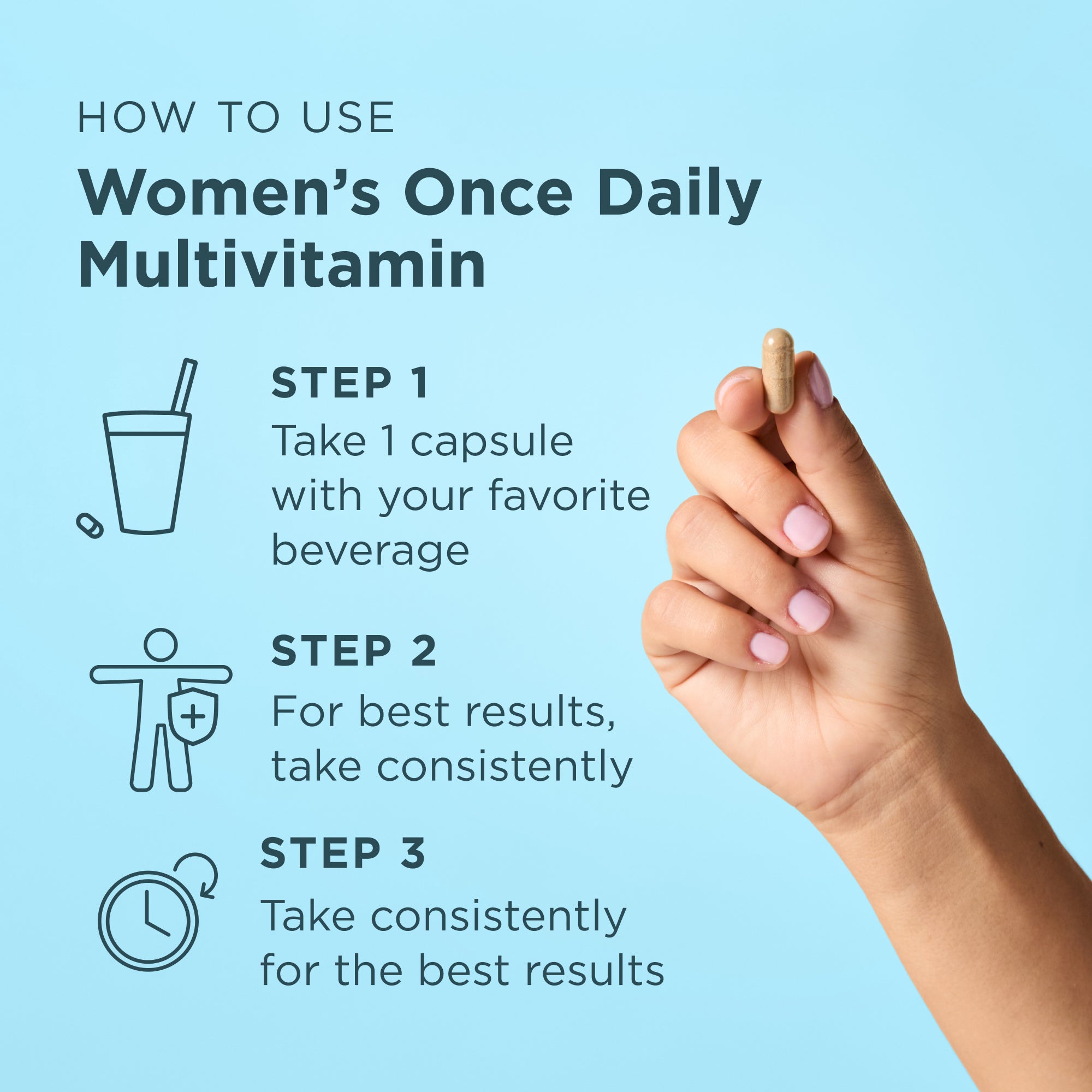 Multivitamin capsule being held with instructions on how to use it on a light blue background