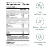 Supplement facts label with icons indicating 'Made without nuts', 'Raised without hormones', and 'Made without dairy'.