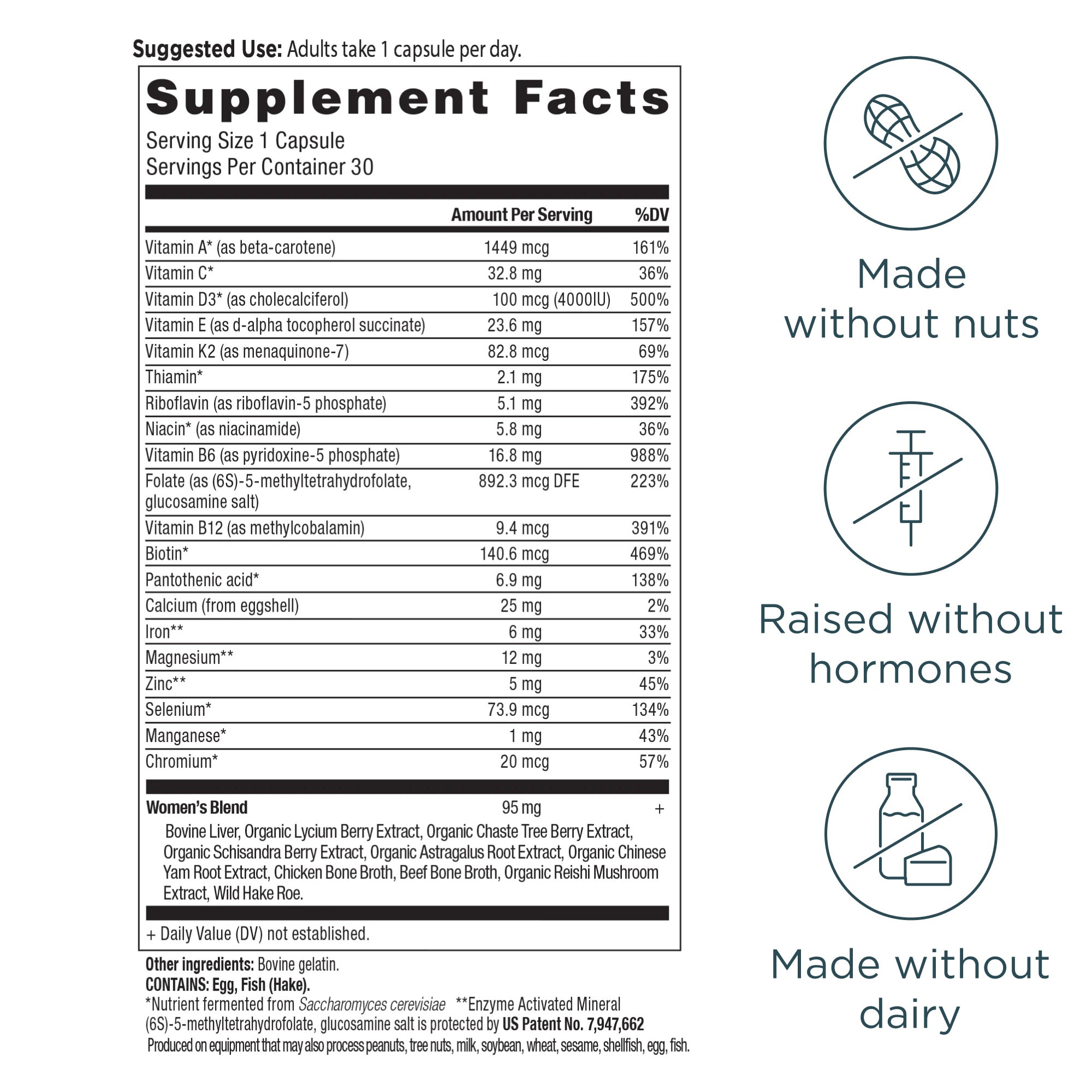 Supplement facts label with icons indicating 'Made without nuts', 'Raised without hormones', and 'Made without dairy'.