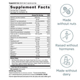 Supplement label with nutritional information and icons indicating product features.