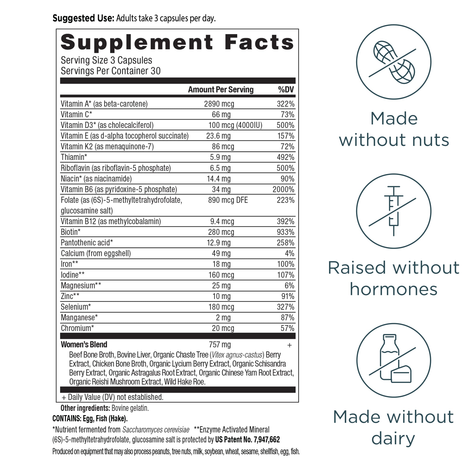 Supplement label with nutritional information and icons indicating product features.