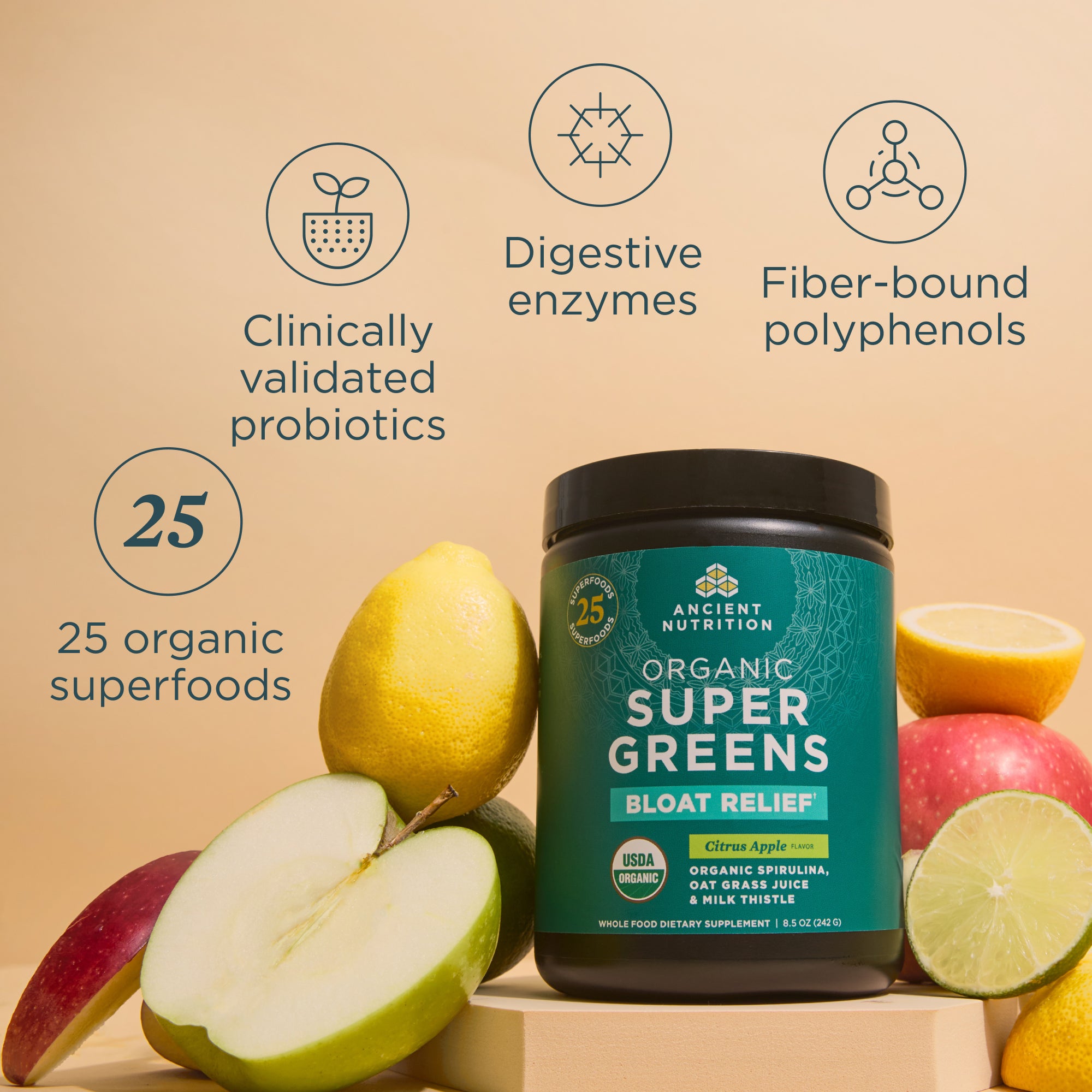 Supplement container labeled 'Super Greens' with fruits on a beige background