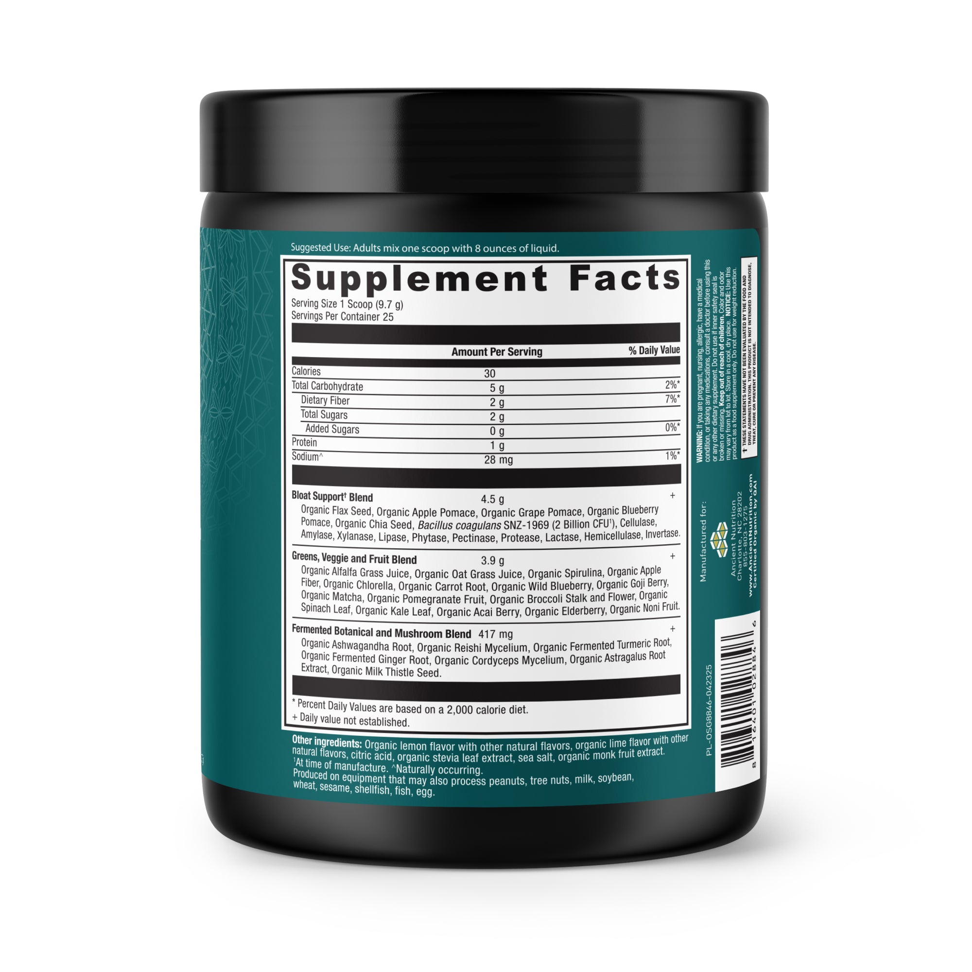 Supplement container with a focus on the 'Supplement Facts' label.