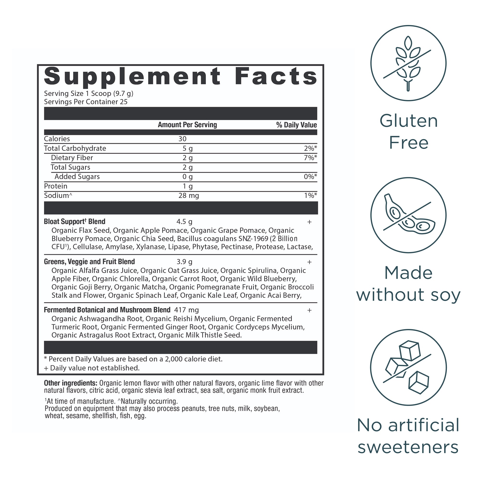 Organic SuperGreens Bloat Relief† Powder Citrus Apple Flavor supplement label