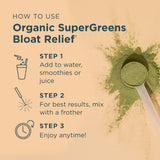 Instructions for using Organic SuperGreens Bloat Relief on a beige background with green powder and a spoon.