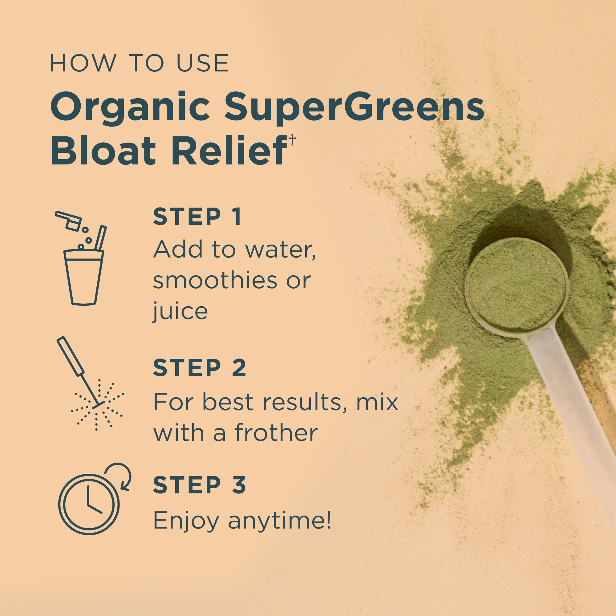 Instructions for using Organic SuperGreens Bloat Relief on a beige background with green powder and a spoon.