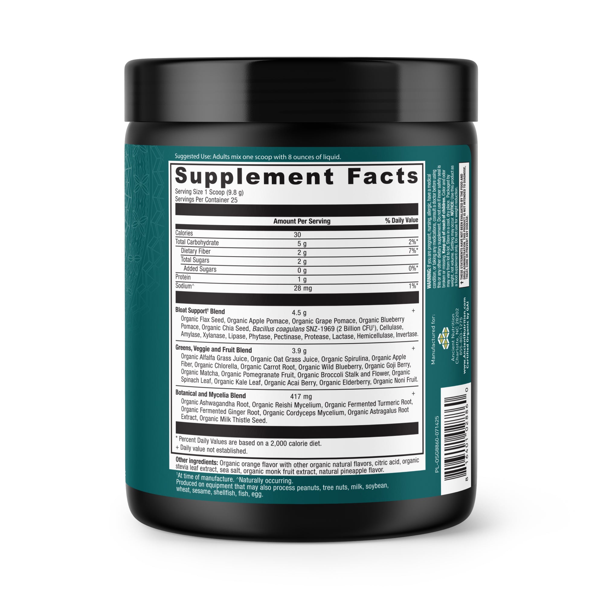 Supplement container with a label showing 'Supplement Facts' on a white background