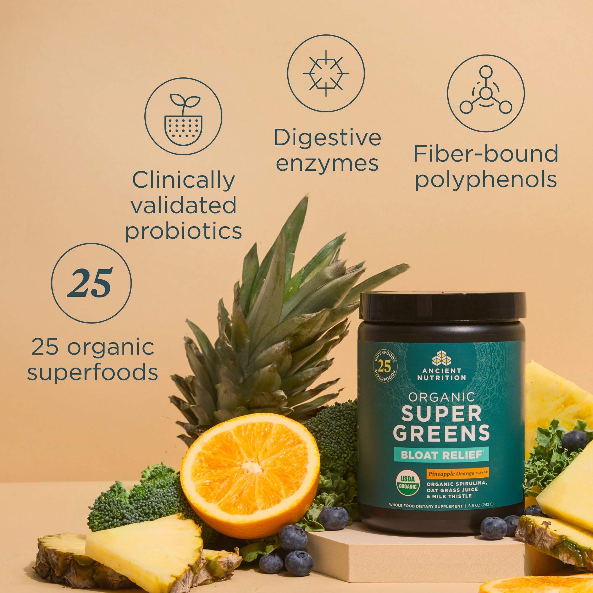 Organic SuperGreens Bloat Relief† | Powder Pineapple Orange Flavor (25 Servings)