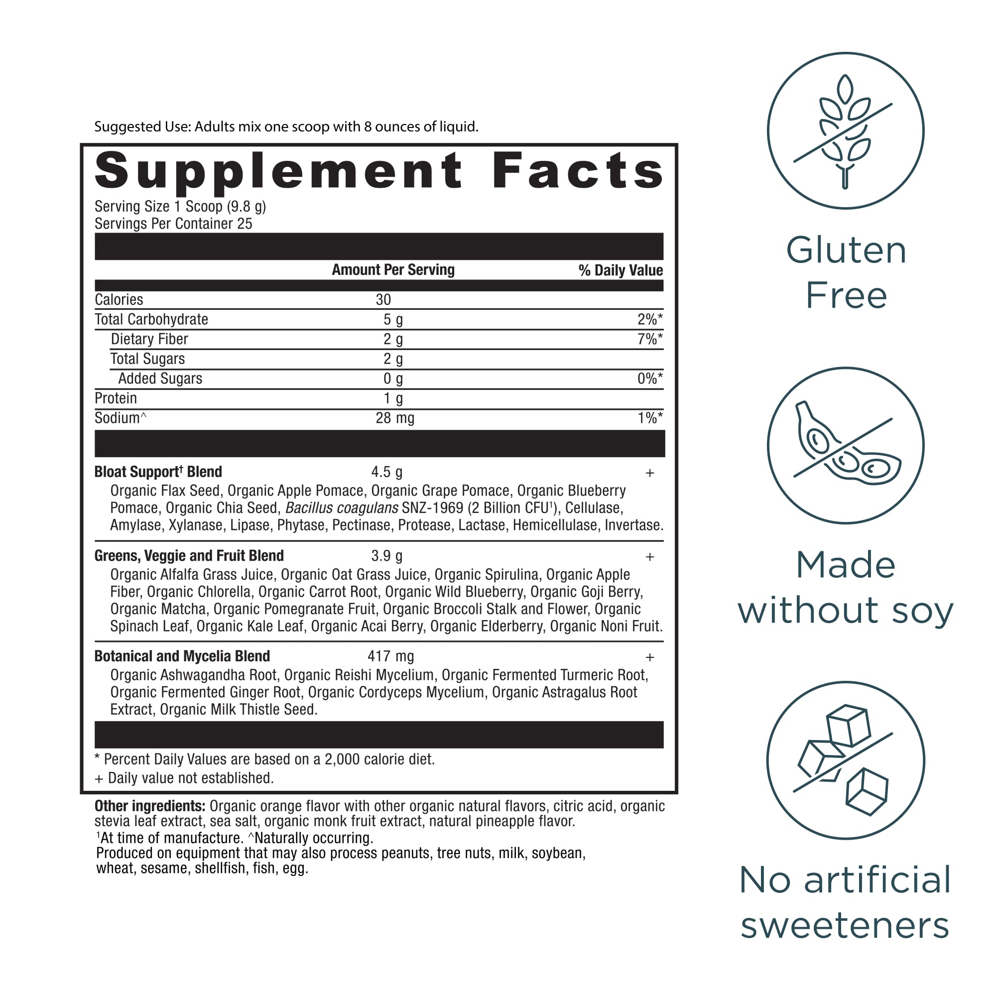 Supplement facts label with nutritional information and allergen statements on a white background
