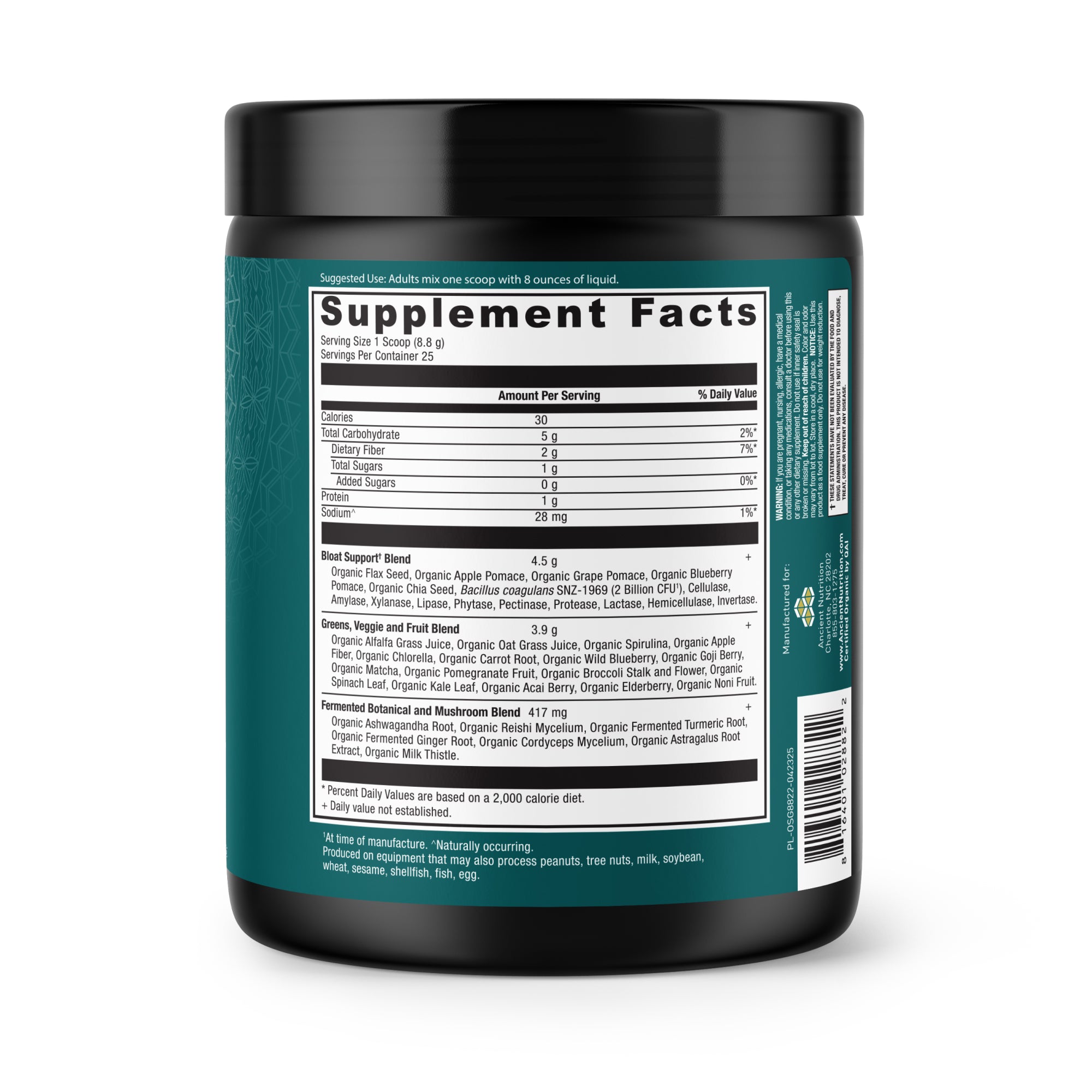 Supplement container with a focus on the 'Supplement Facts' label.