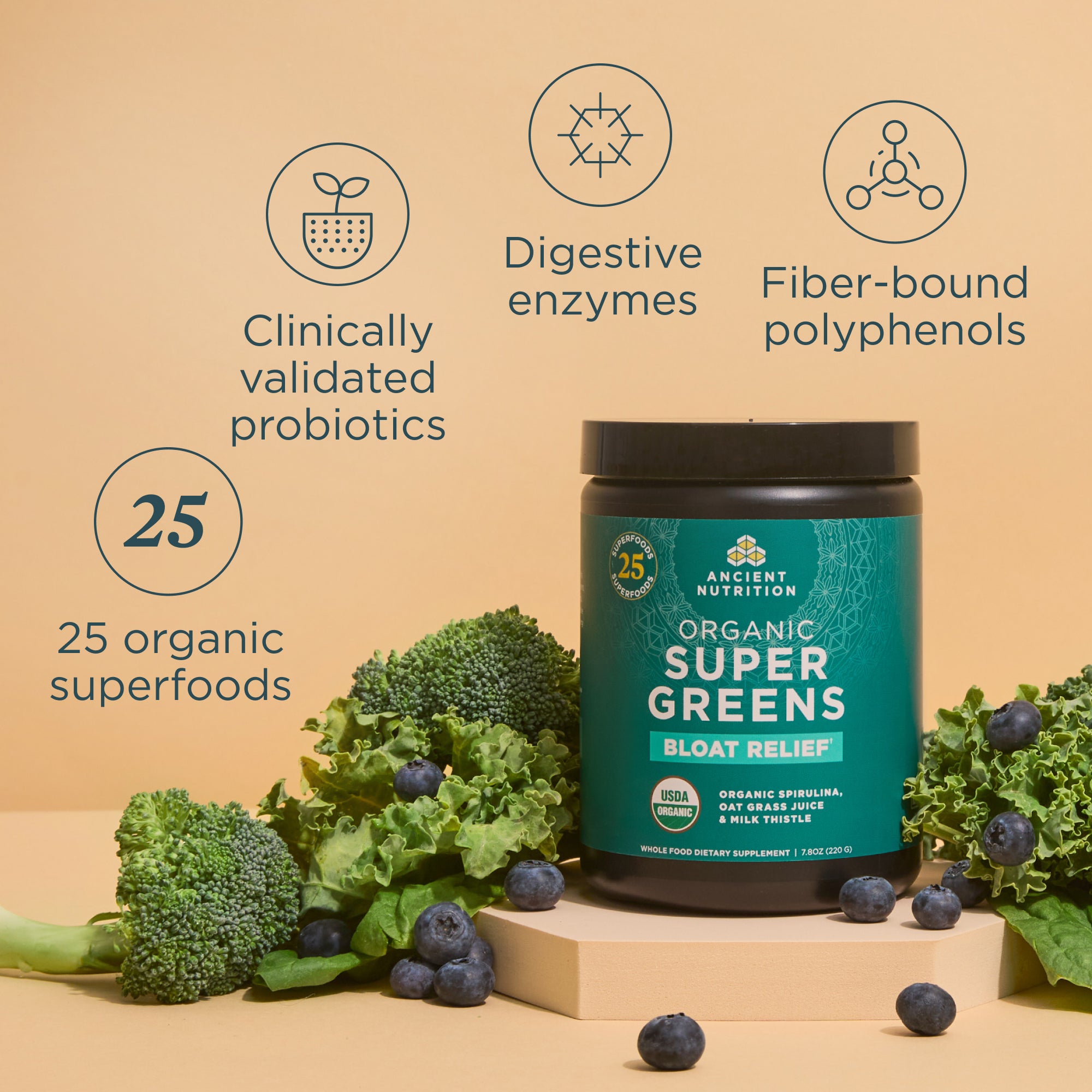 Supplement container labeled 'Organic Super Greens' with health benefits on a beige background