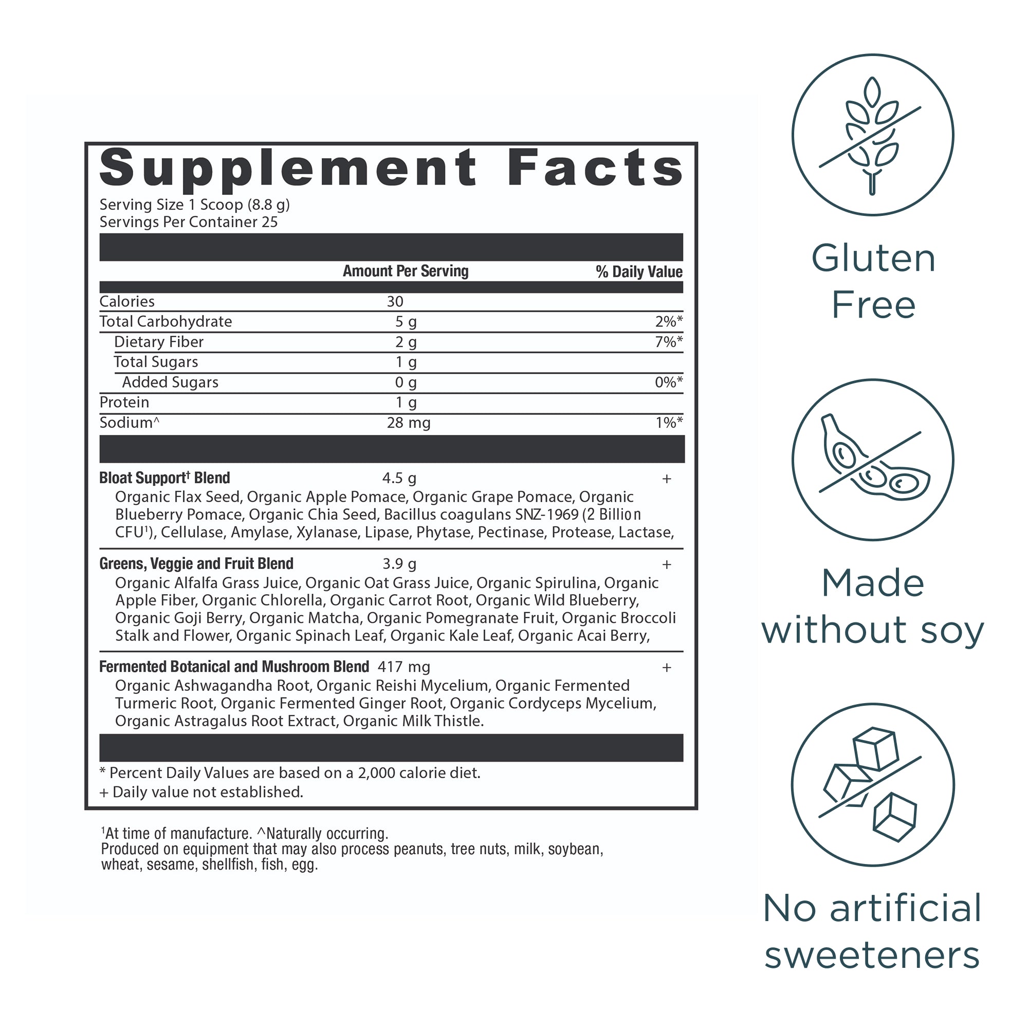 Supplement facts label with icons indicating gluten-free, soy-free, and no artificial sweeteners on a white background.