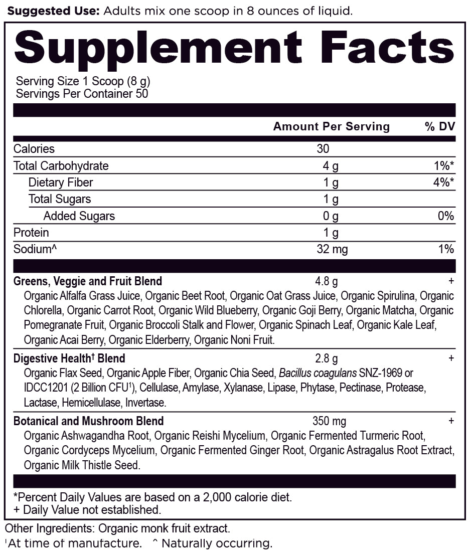 Organic SuperGreens Powder Greens Flavor (50 Servings) supplement label