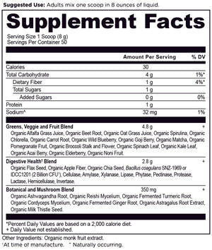 Organic SuperGreens Powder Greens Flavor (50 Servings) supplement label