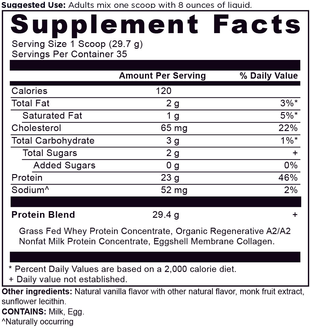 Whey Protein Powder Vanilla (35 Servings) Supplement label