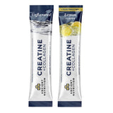 Two packets of Ancient Nutrition Creatine + Collagen supplement, one unflavored and one lemon flavored, on a white background.