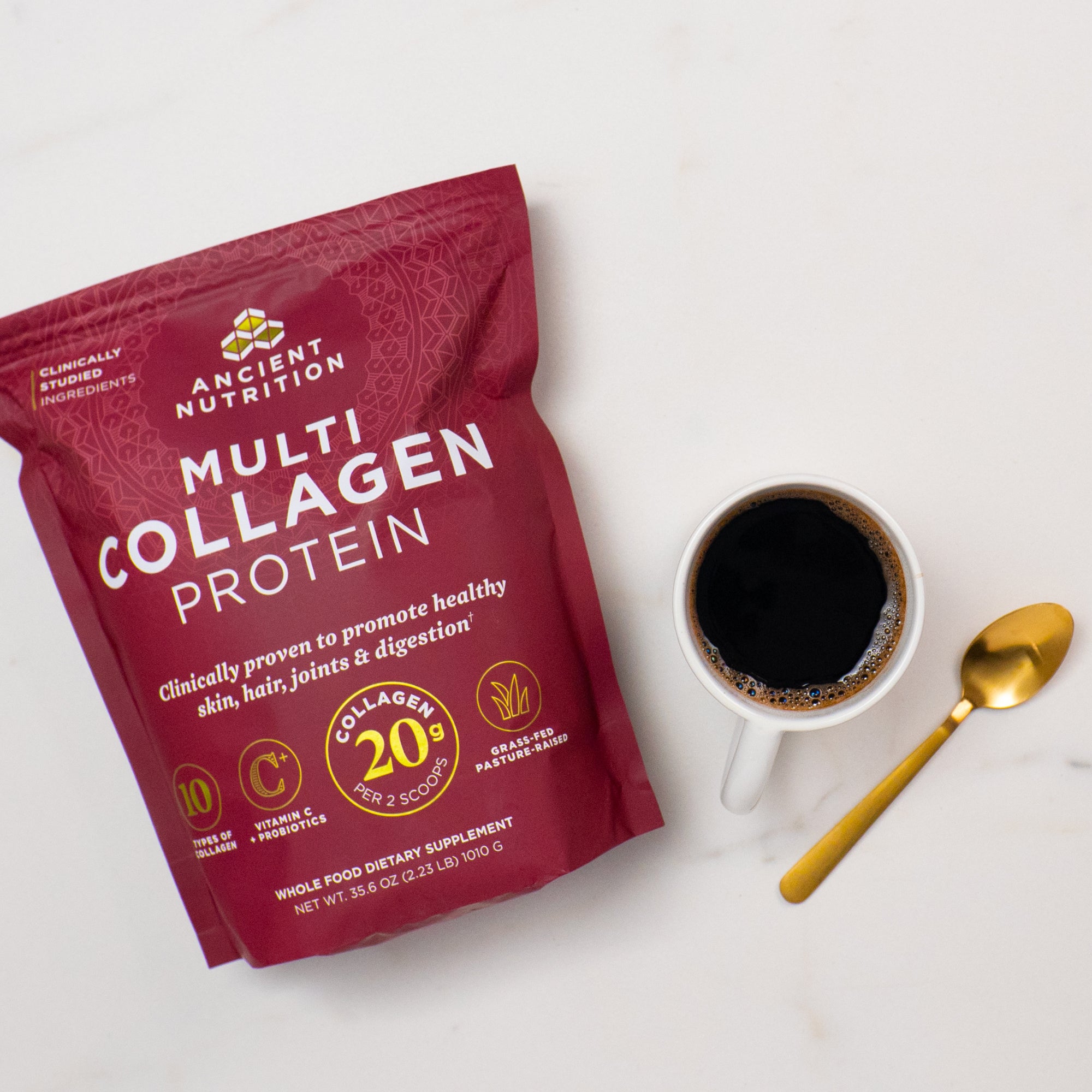 multi collagen protein 100serv bag next to a cup of coffee