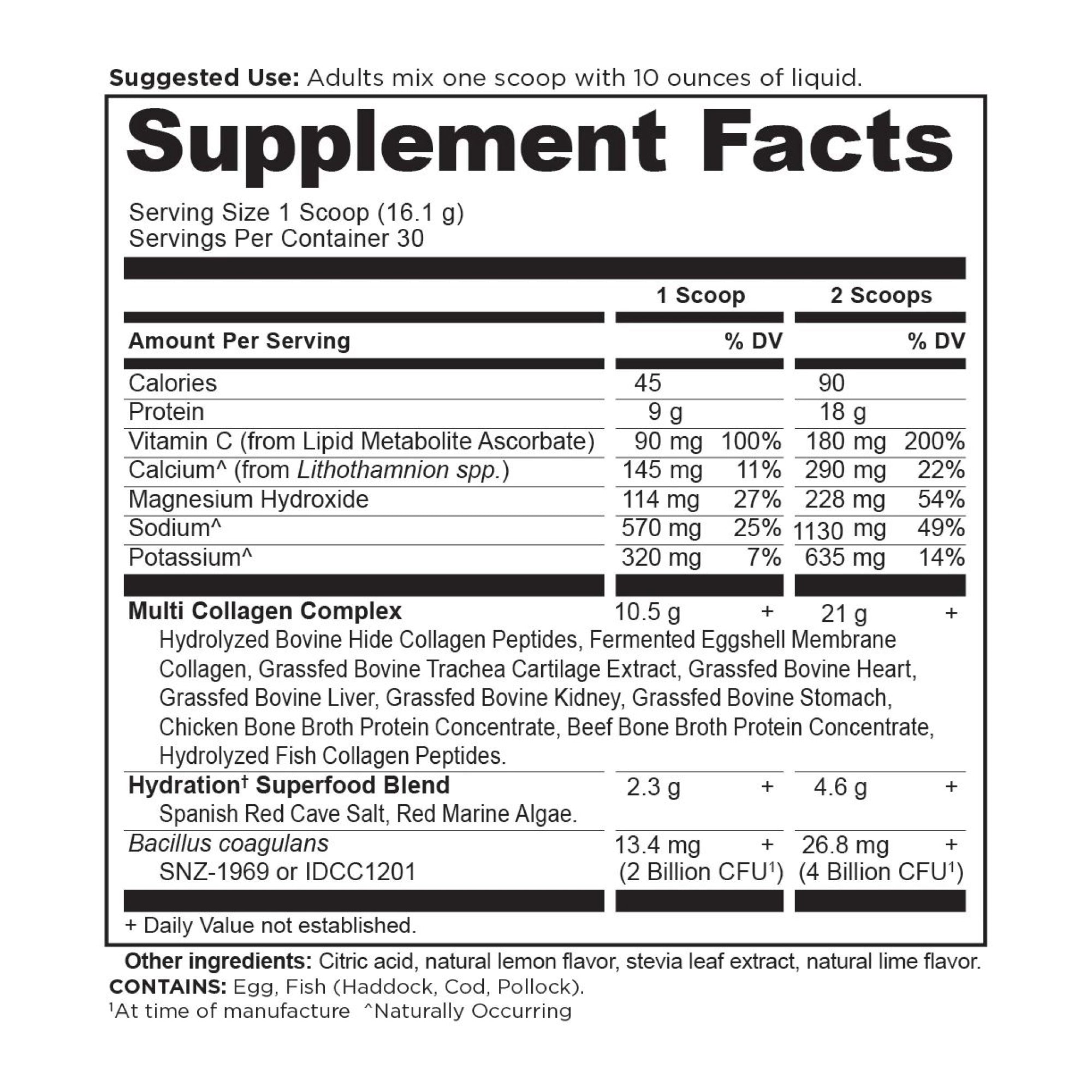 Multi Collagen Advanced Hydrate Powder Lemon Lime supplement label