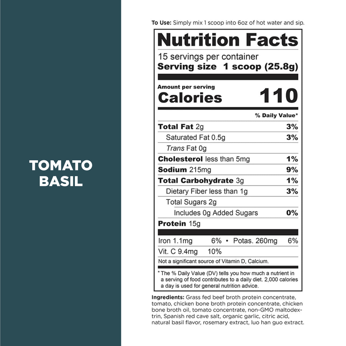 bone broth protein tomato basil supplement label