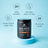 Container of Ancient Nutrition Bone Broth Protein on a light blue background with nutritional information.