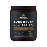Container of Ancient Nutrition Bone Broth Protein in chocolate flavor on a white background