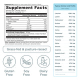 Supplement facts label for a protein supplement with detailed nutritional information and allergen icons.