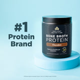 Container of Ancient Nutrition Bone Broth Protein on a blue background with text indicating it's the #1 protein brand.