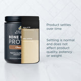 Two containers of Ancient Nutrition Bone Broth Pro on a light gray background with text about product settling.