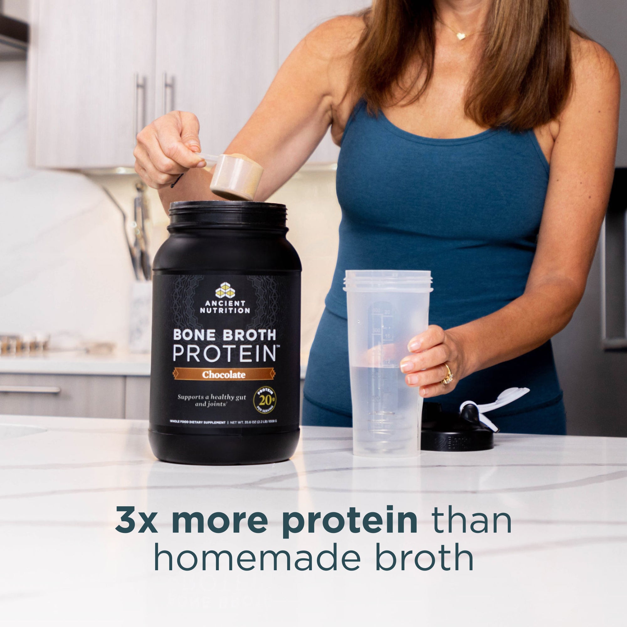 a woman getting a scoop of Bone Broth Protein Powder Chocolate (40 Servings) 