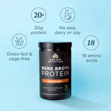 Ancient Nutrition Bone Broth Protein container with nutritional information on a light blue background