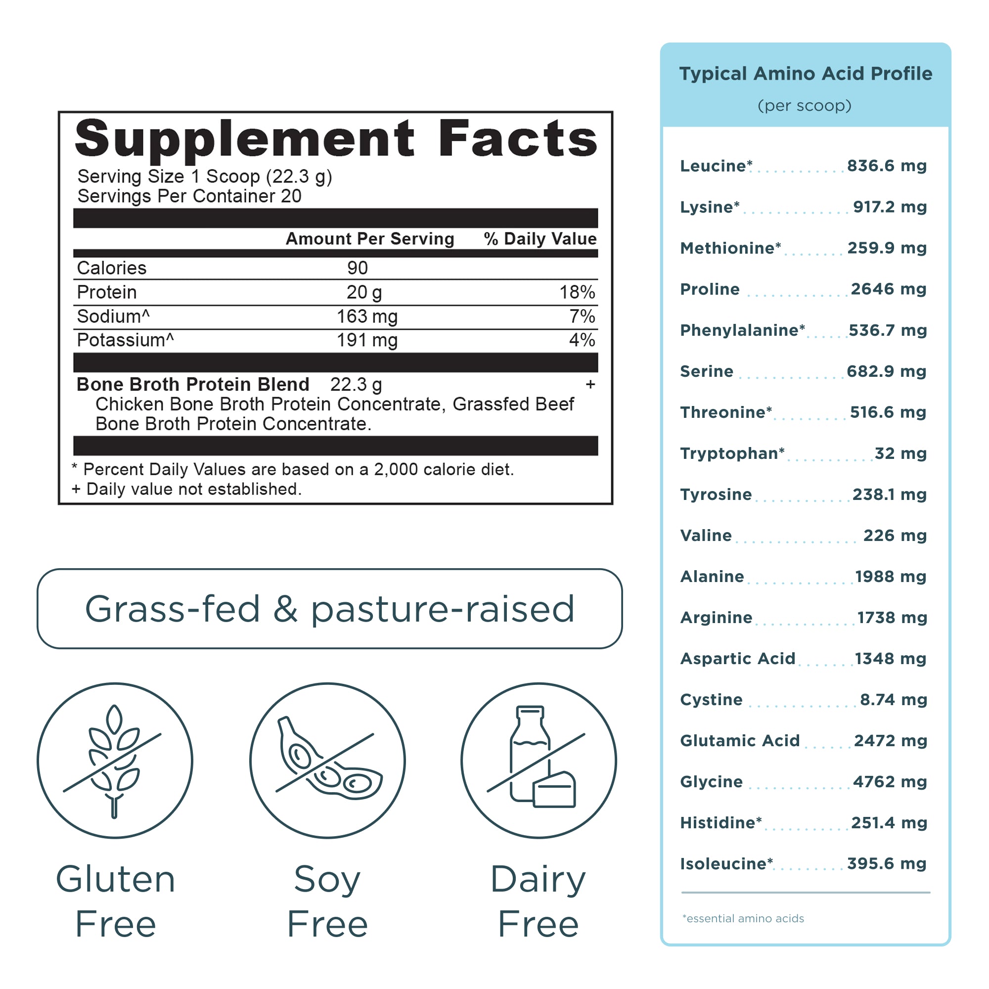 Bone Broth Protein Powder Pure (20 Servings) supplement label
