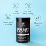 a bottle of Bone Broth Protein Powder Pure (20 Servings) on a light blue background