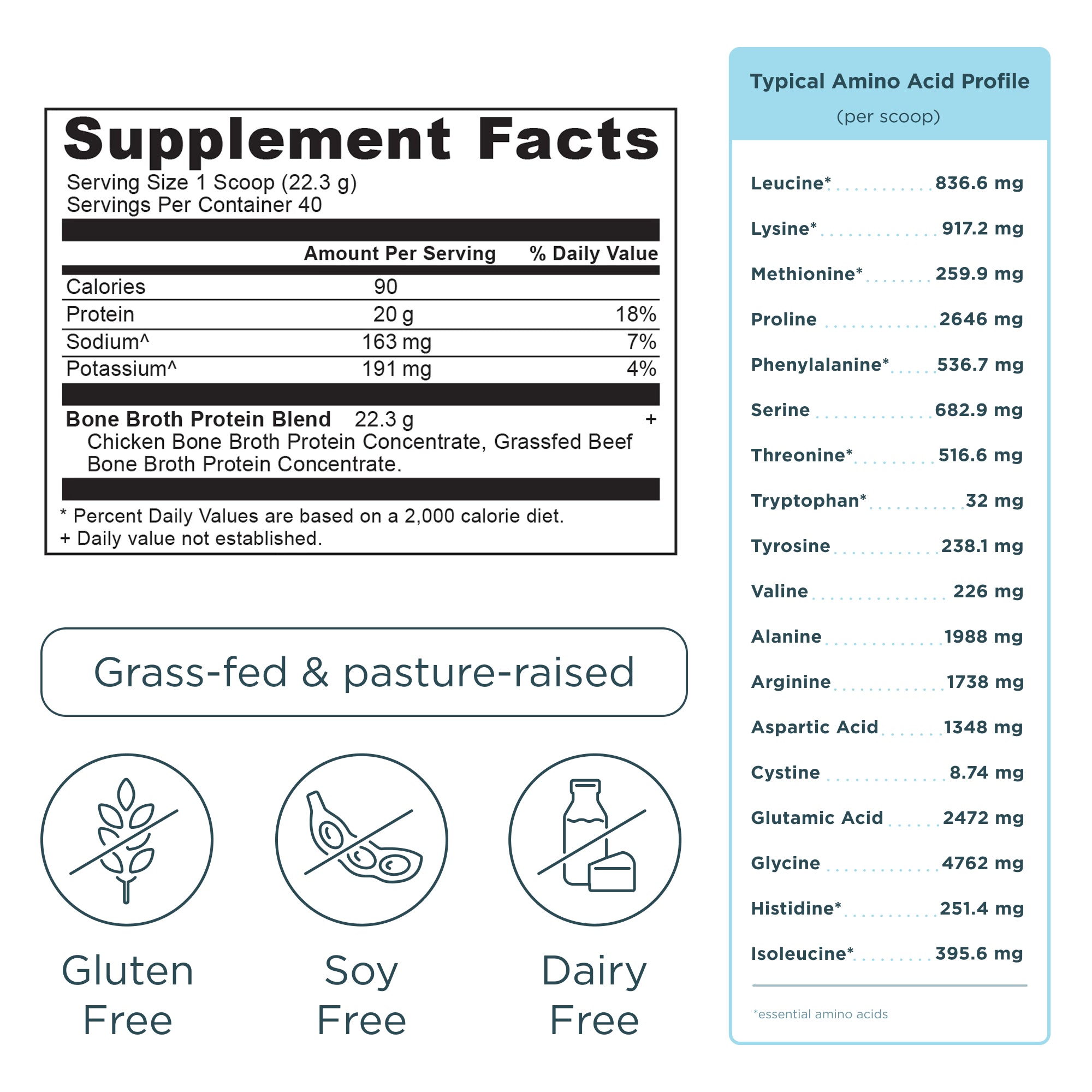Bone Broth Protein Powder Pure (40 Servings) supplement label