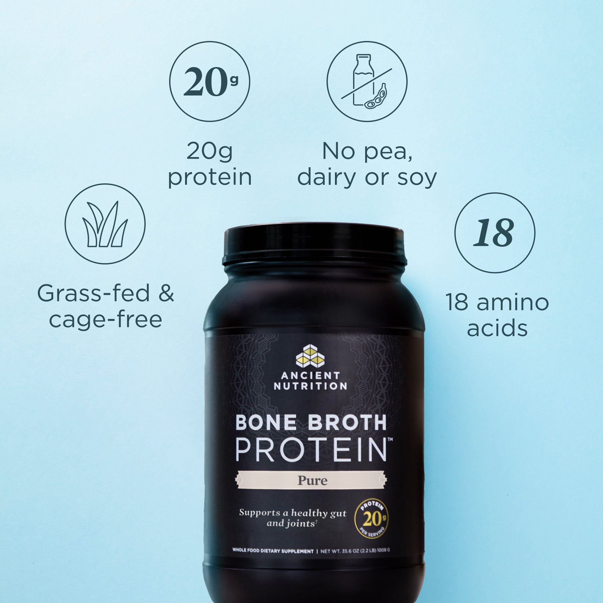 Bone Broth Protein Powder Pure (40 Servings) on a teal background