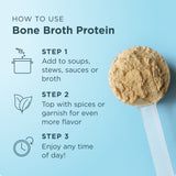 Instructions on how to use bone broth protein with a scoop of protein powder on a blue background.
