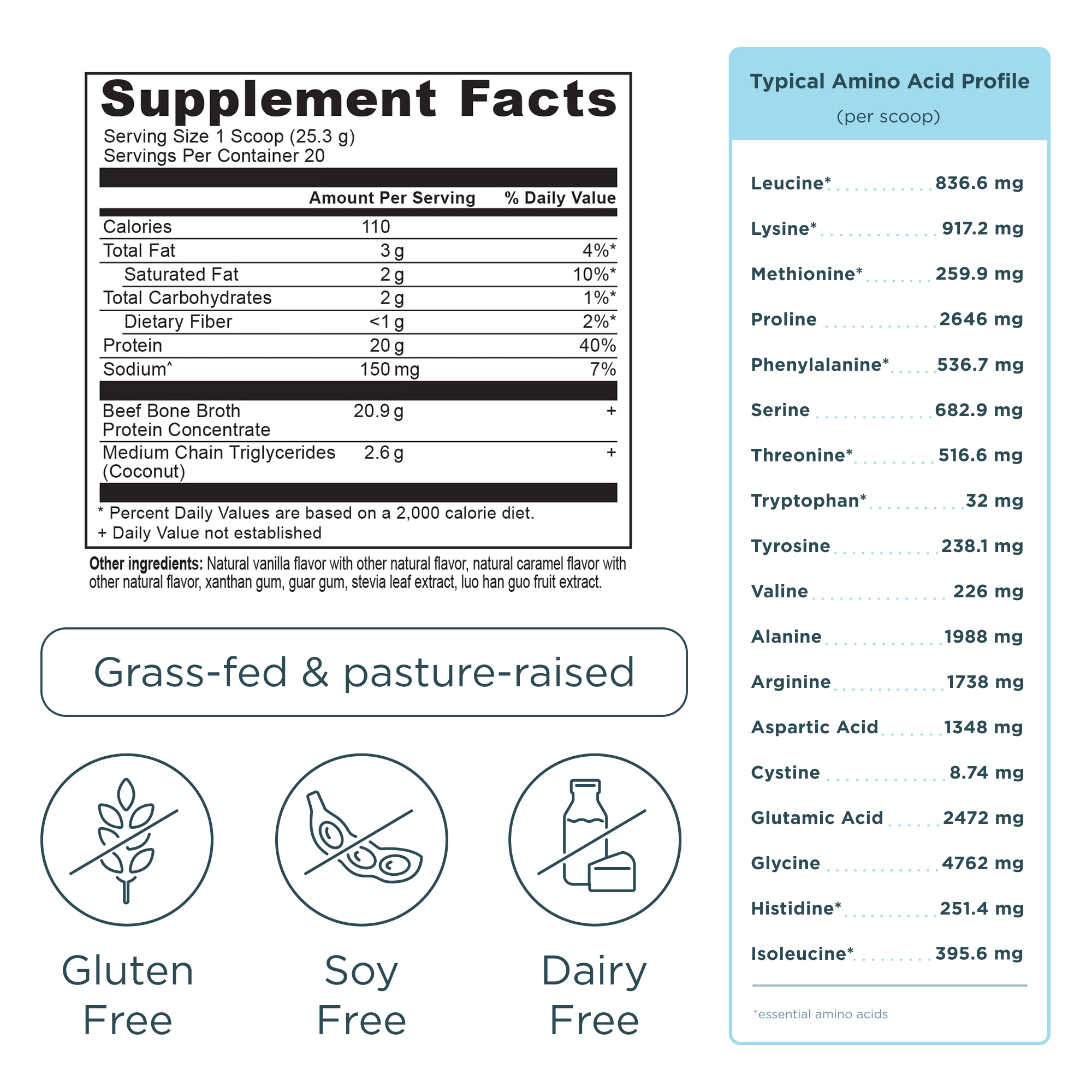 Bone Broth Protein Powder Salted Caramel (20 Servings) supplement label