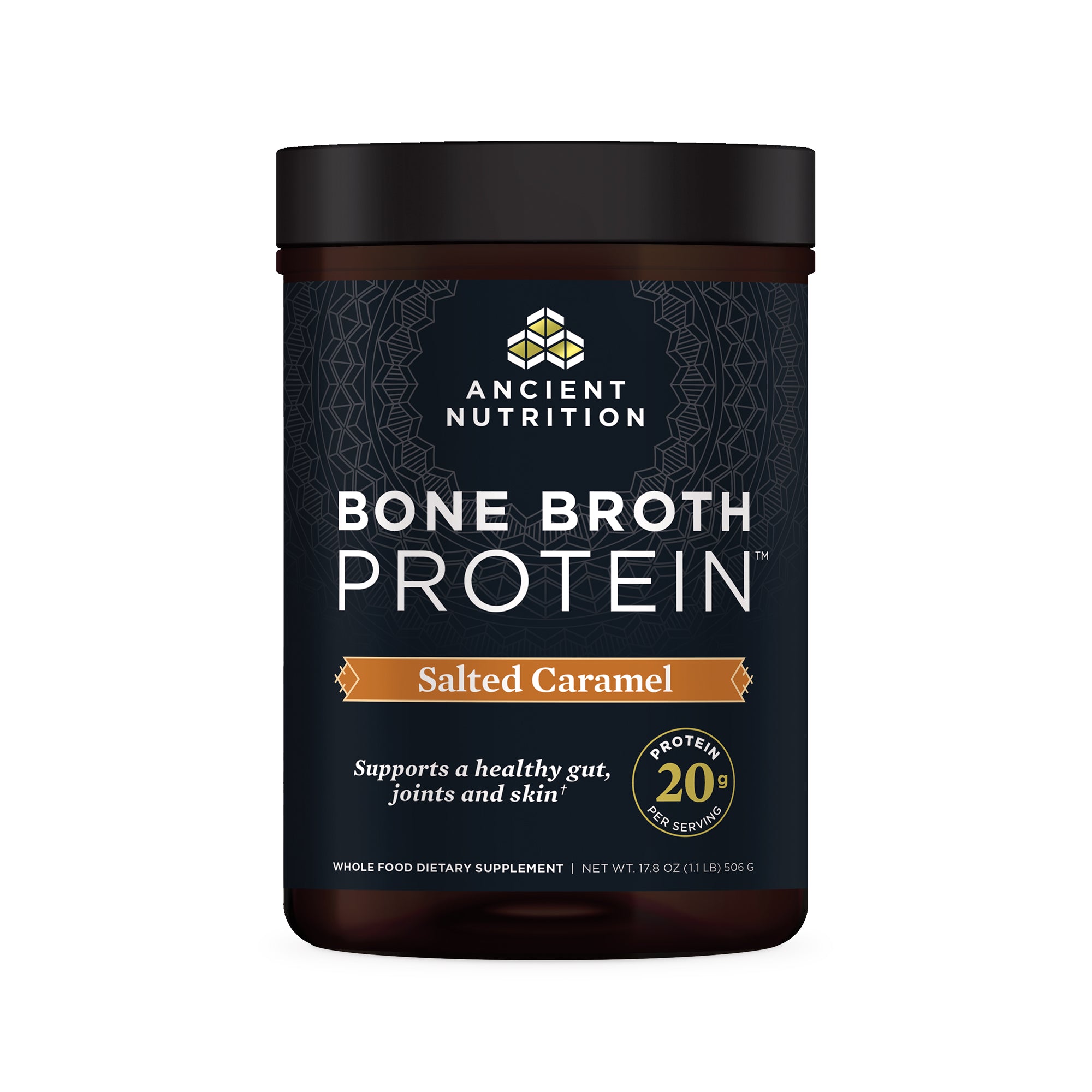 Bone Broth Protein Powder Salted Caramel (20 Servings) front of bottle