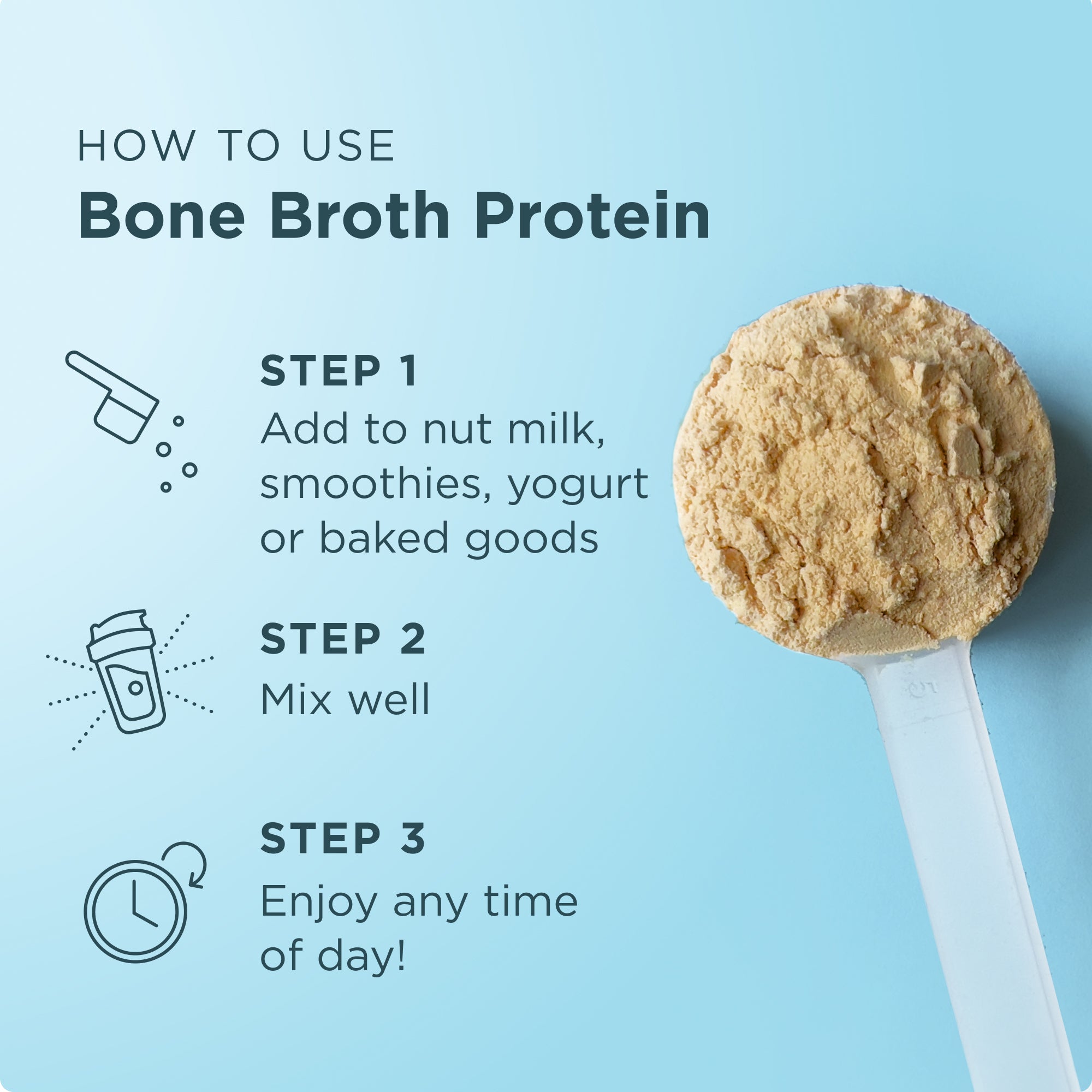 Instructions on how to use bone broth protein with a scoop of protein powder on a blue background.