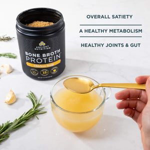 bone broth protein chicken soup in a glass mug