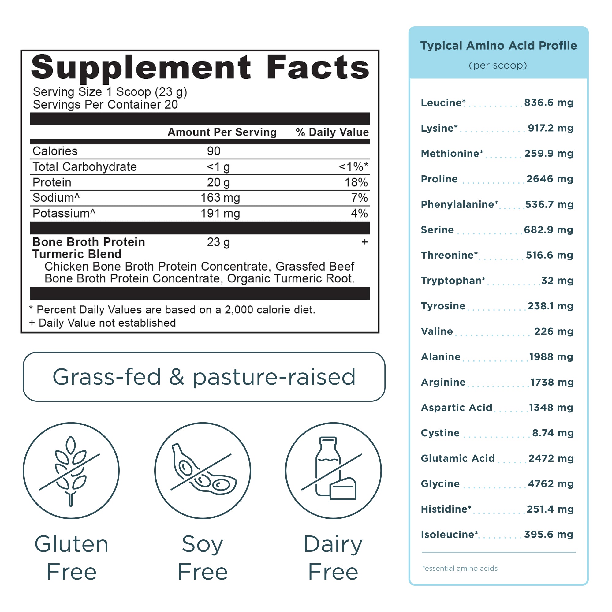 Bone Broth Protein Powder Turmeric (20 Servings) supplement label