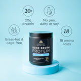 Container of Ancient Nutrition Bone Broth Protein with nutritional information on a light blue background