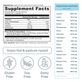 Supplement label with facts, amino acid profile, and dietary information on a white background.